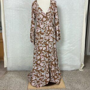 Flynn Skye Brown Tan Pink Long Sleeve Floral Monterey Maxi Dress L